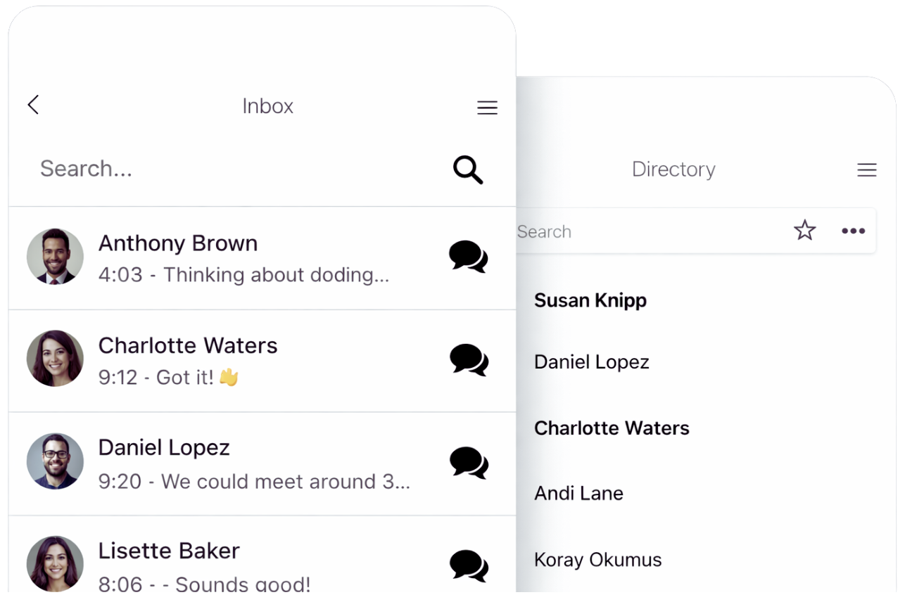 Client access inbox interface with contacts and message previews