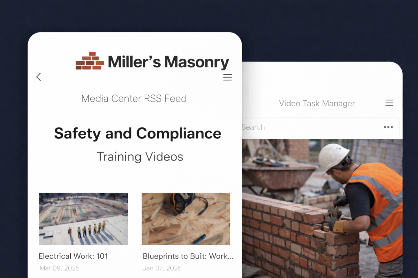 Employee training app interface showing Safety and Compliance and Training Videos sections