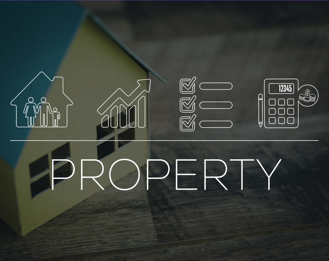 Property management graphic showing house icon with integrated business functions including client management, analytics, checklists, calendar, and calculator tools for real estate operations